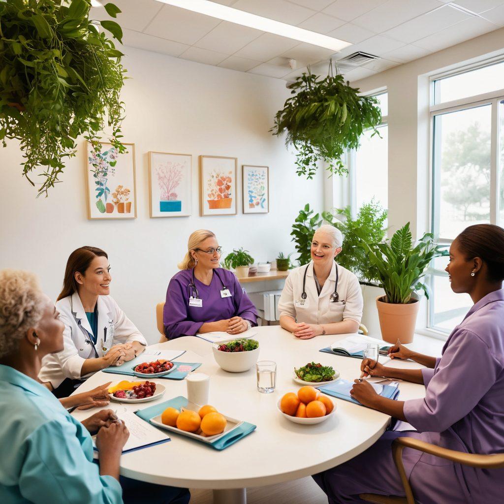 A diverse group of healthcare professionals discussing cancer care strategies in a bright, modern clinic filled with uplifting artwork and plants. On one side, there are visuals of prevention methods like healthy foods and exercise, while on the other side, images representing survivorship, like support groups and happy patients. The atmosphere conveys hope, collaboration, and innovation in cancer care. vibrant colors. super-realistic.