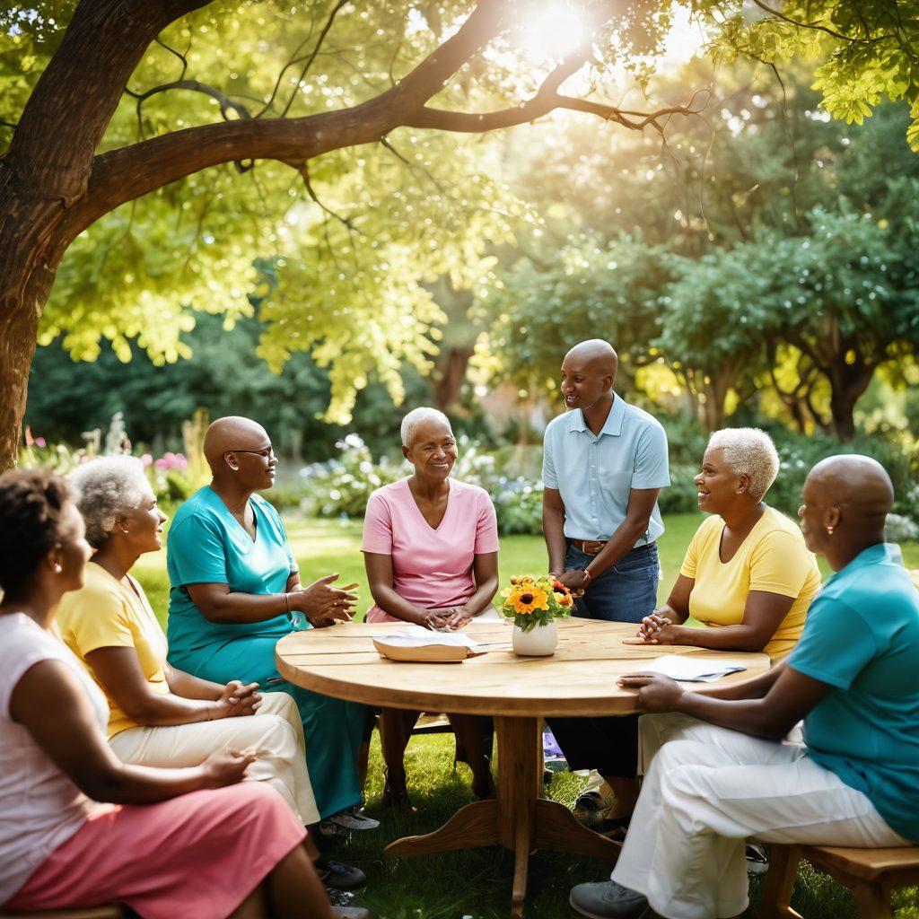 A powerful scene of diverse cancer survivors in a vibrant support group session, sharing stories while holding hands. In the background, a serene garden symbolizes healing, with sunlight filtering through the trees. Infographics depicting advocacy efforts and lifestyle changes are subtly integrated. The atmosphere is warm and uplifting, showcasing community strength and resilience. vibrant colors. 3D. soft focus.